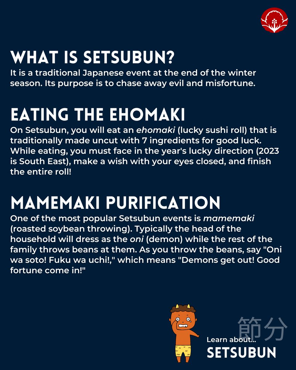JCCHawaii's tweet photo. Swipe for a quick lesson about #Setsubun (#節分)! 👹
#Setsubun is a Japanese tradition to banish evil and misfortune every year between Winter and Spring. This year, it is celebrated on Friday, February 3rd!
#mamemaki #ehomaki #beanthrowing #japanesetradition #japaneseholiday https://t.co/BiVxwLVRao