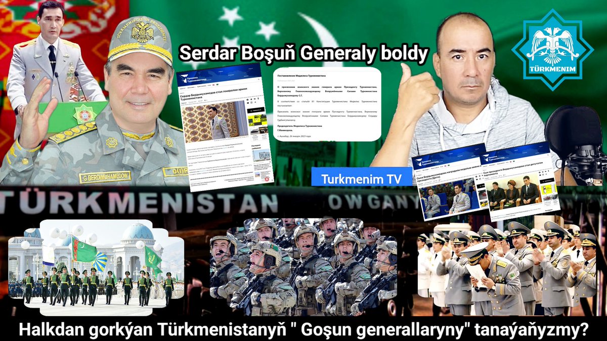 TMdemocracy's tweet photo. #Turkmenistan HALKDAN GORKÝAN GOŞUN GENERALLARY! Serdar, like his father, became an army general. There is now a father-son Army general in the capital Ashgabat, who is afraid of his own people. Turkmen dictators know no bounds in their nonsense #Turkmenim
https://t.co/b6GpfHcDYV https://t.co/29WVhhAfqS
