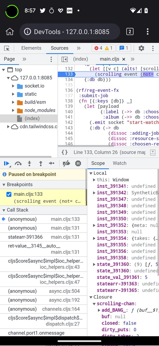 theother9to5's tweet image. I wonder if we can do breakpoints on the server side? 🤔 #Clojure #clojurescript #nodejs #code #lisp