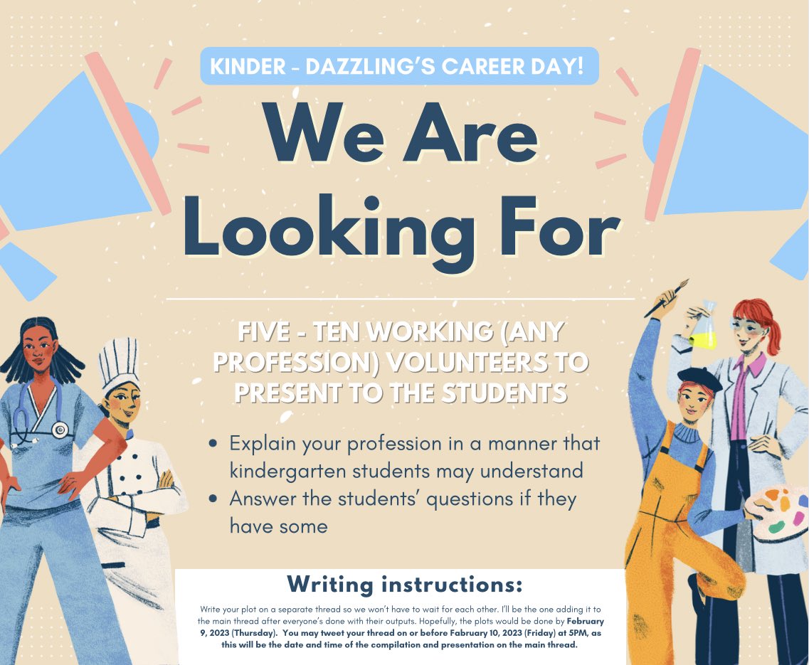 ⠀⠀
KINDER - DAZZLING’S CAREER DAY¡!

Instructions to people who are interested: 
- Reply below with your profession. 
- First come first serve (one person per profession).
- Five to ten people are welcome to present.
⠀⠀