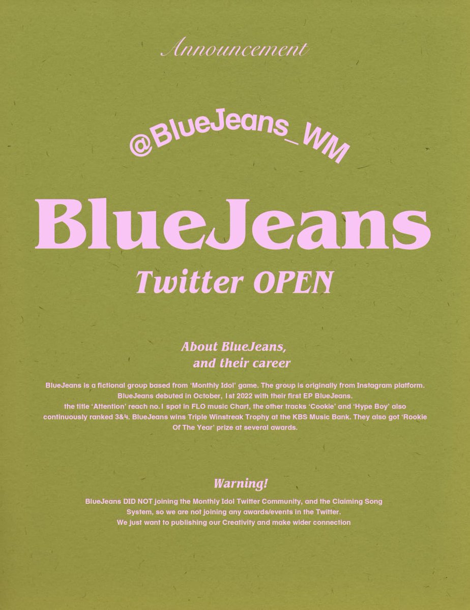 BlueJeans_WM's tweet photo. BlueJeans Twitter Official OPEN! 

More information in below! 

#BlueJeans #블루진스 https://t.co/Btb2LdLnu9