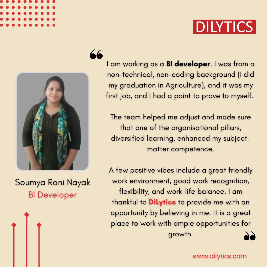 Soumya, who works as a BI developer, talks about how @DiLyticsinc  has truly inspired her, despite coming from a non-technical background, carve out a niche through continual learning. 

#dilytican #dilytics #analytics #employeengagement #funatwork #employeexperience