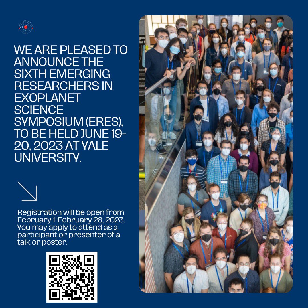 ERESsym's tweet photo. We’re excited to announce the 6th emerging researchers in exoplanet symposium to be held June 19-20, 2023 at Yale! 🔭✨☄️
Register and submit your abstract by *Feb 28*. There is NO registration fee! Travel support is available for early career researchers! https://t.co/7ztOO5t2Ce
