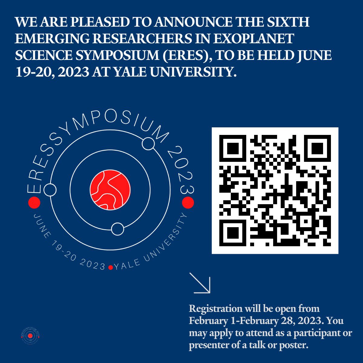 We’re excited to announce the 6th emerging researchers in exoplanet symposium to be held June 19-20, 2023 at Yale! 🔭✨☄️
Register and submit your abstract by *Feb 28*. There is NO registration fee! Travel support is available for early career researchers!