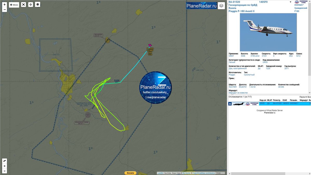 ua4wiy_'s tweet photo. 07:50 мск.
#Piaggio P-180 #Avanti II, бортовой номер RA-01520, позывной #OVD9601 , Госкорпорации по #ОрВД РФ🇷🇺, производит измерительный полёт в районе аэропорта Томска #UNTT 🇷🇺. https://t.co/caOcApDeF2