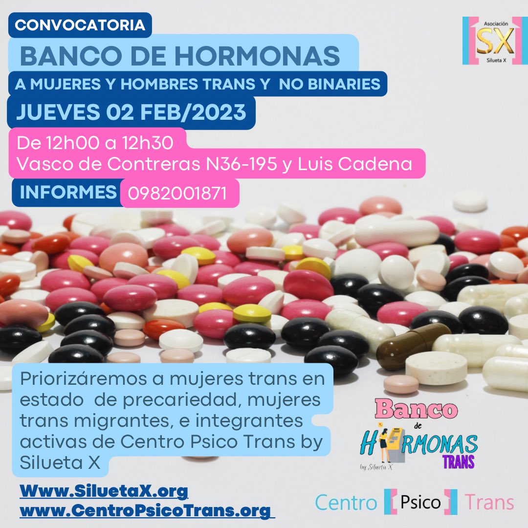 CentroTransEc's tweet photo. #BancoDeHormonas 

Convocatoria a mujeres, hombres trans y no binaries. Jueves 02 de Febrero 2023 de 12h00 a 12h30. Vasco de Contreras N36-195 y Luis Cadena, Quito, Ecuador. Info 0982001871. 

#CentroPsicoTrans by #SiluetaX https://t.co/uNzbvRnQV4
