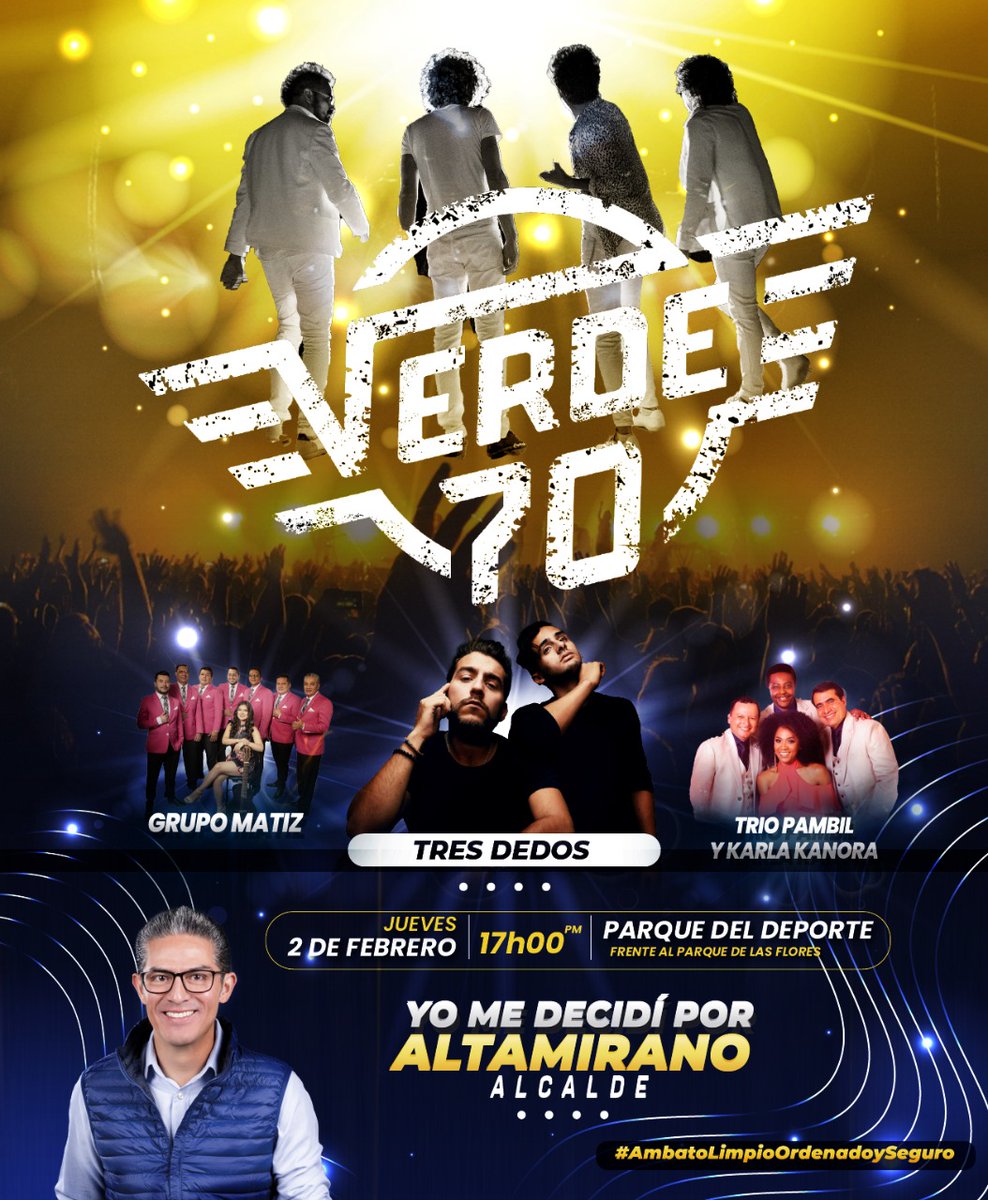 🎊 EVENTO GRATUITO 🎊

Este jueves 02 de Febrero #Ambato va gritar en una sola voz #YoMeDecidíPorAltamirano

Te esperamos desde las 5 pm en el #ParqueDelDeporte (Frente al Parque de las Flores) 

Recuerda llevar una prenda blanca! 

<a href="/Verde70/">Luis Guachun</a>