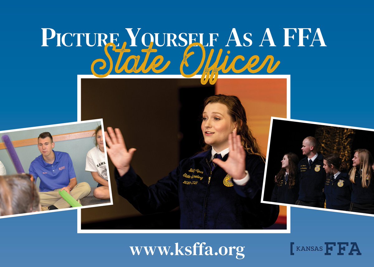 The process of becoming a Kansas FFA State Officer is here! We will offer two voluntary information sessions during March for interested candidates. Additional information can be accessed on the Kansas FFA website: ksffa.org/programs/consi… #ksffa #stateofficer