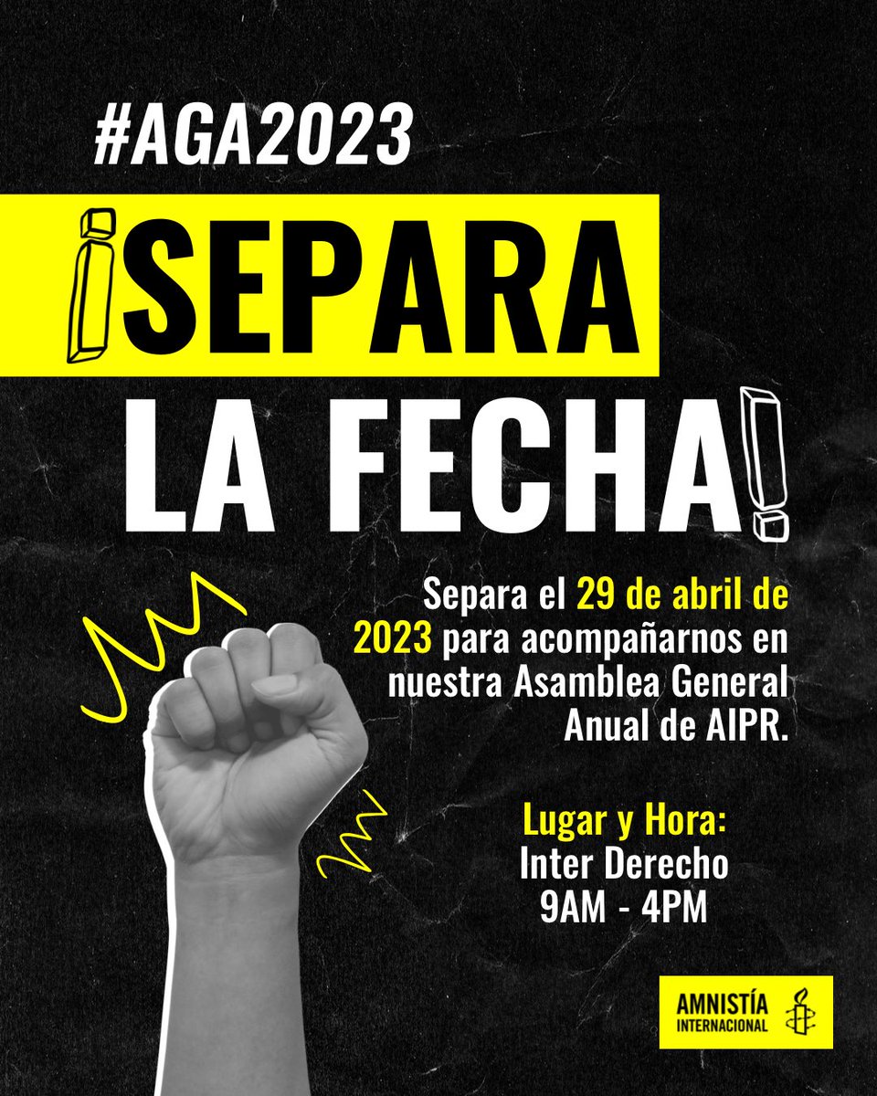 AIPuertoRico's tweet image. ¡Separa la fecha! 🕯
👉🏾Acompáñanos en nuestra Asamblea General Anual (AGA).

🔗Enlace para inscribirte: docs.google.com/forms/d/e/1FAI…

👉🏾Para participar y tener voto, necesitas ser un miembro activo. Si aún no lo eres, puedes inscribirte en amnistiapr.org.

#aipr #amnistia