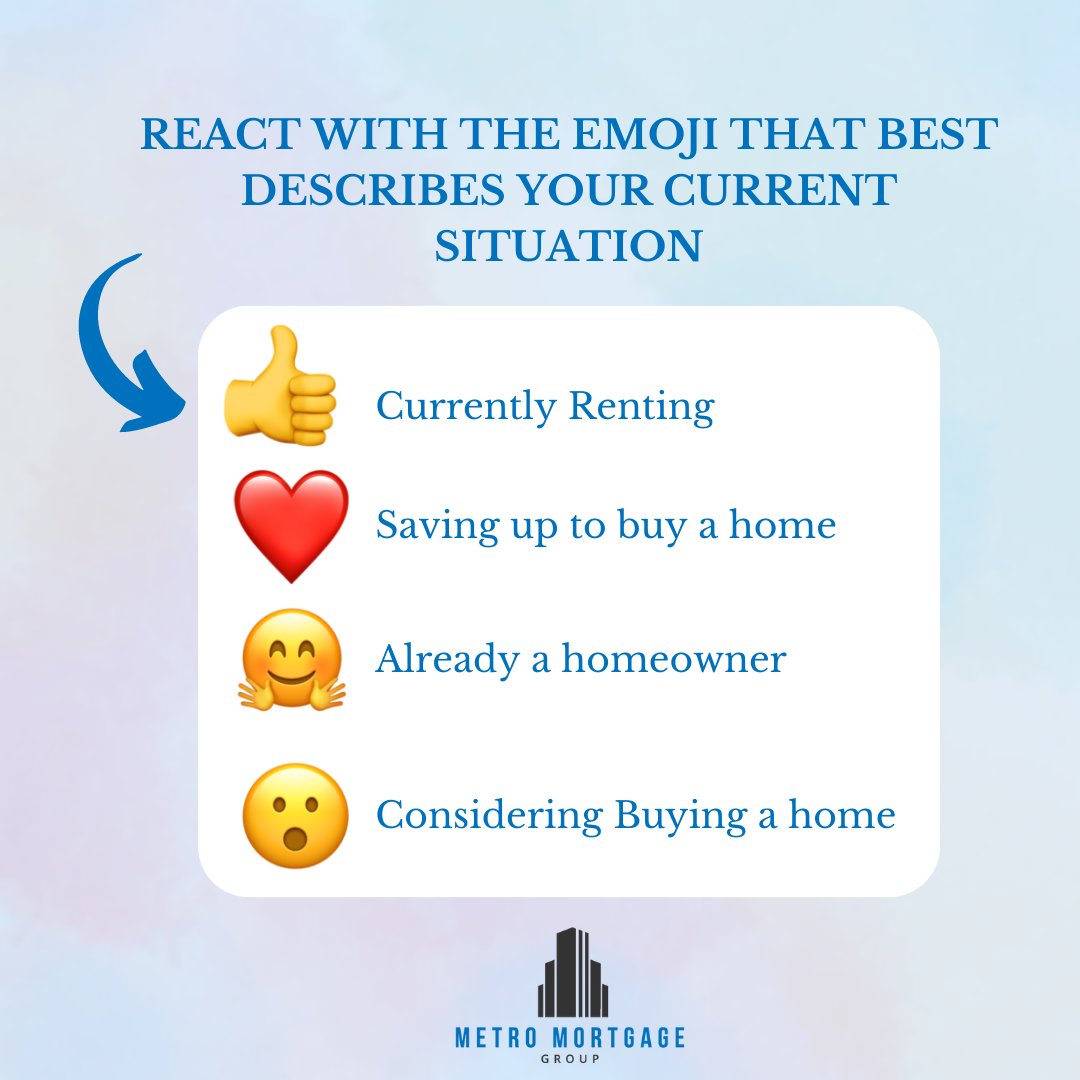 React with the emoji that best describes your current situation
👍 - Currently Renting
❤️ - Saving up to buy a home
🤗 - Already a homeowner
😮 - Considering Buying a home

Book a meeting with me!
➡️sandraforscutt.ca

#metromortgagegroup  #mortgagebroker #yegmortgages