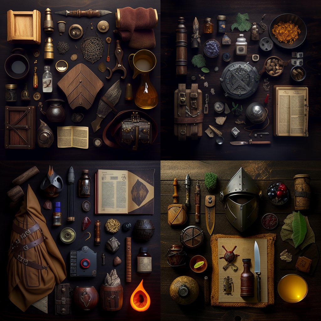 procload's tweet photo. @LinusEkenstam **Dungeons and Dragons adventure gear knolling :: wood background, studio lighting, low contrast, 8k, food photography, shot on Phase One, ISO 100 --v 4** https://t.co/eJITGE3aBz