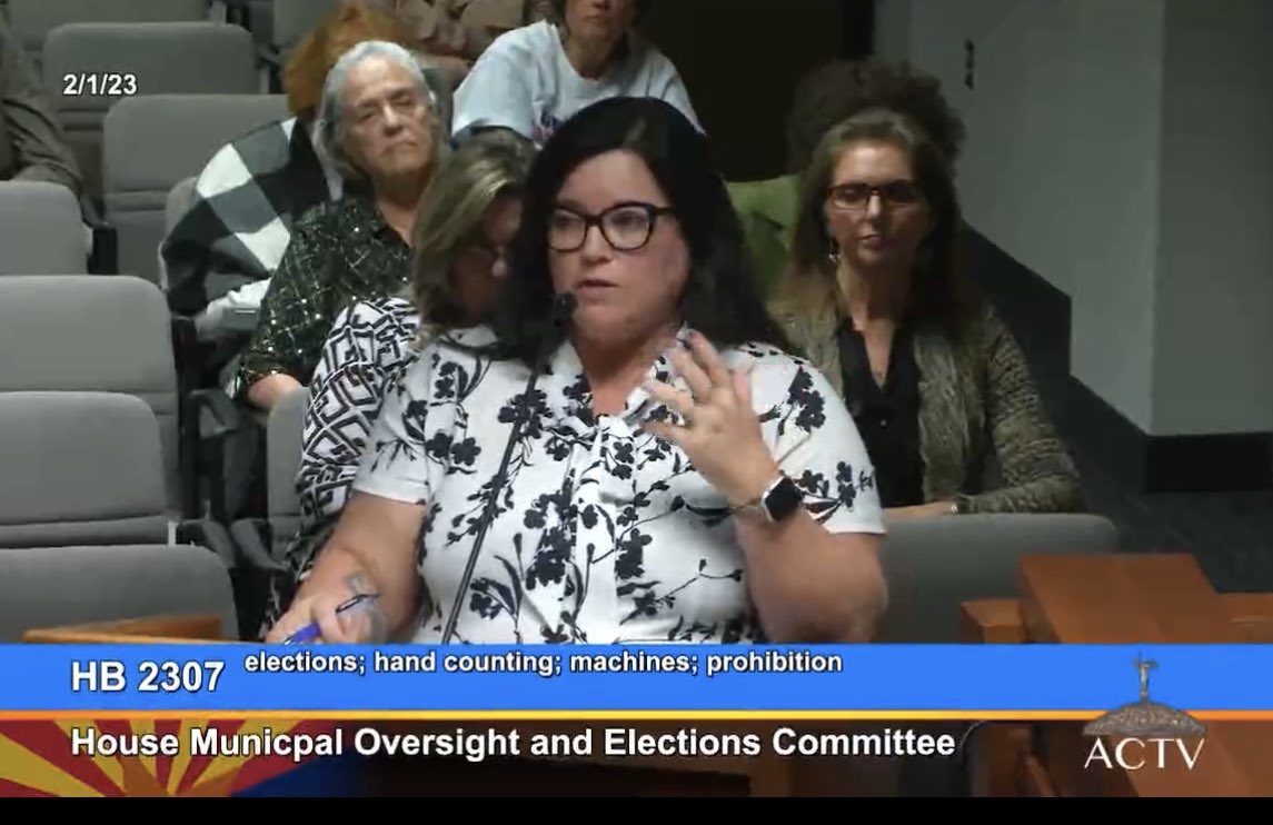 AZHouseDems's tweet photo. Jenn Marson from the Arizona Association of Counties testifies that machines have been used since the 1800s, and were instituted to stop bribery and cheating. Going back — with dozens of races per ballot— would create complete chaos for Arizona elections. Let’s not. #HB2307 https://t.co/LUayuUlyuA
