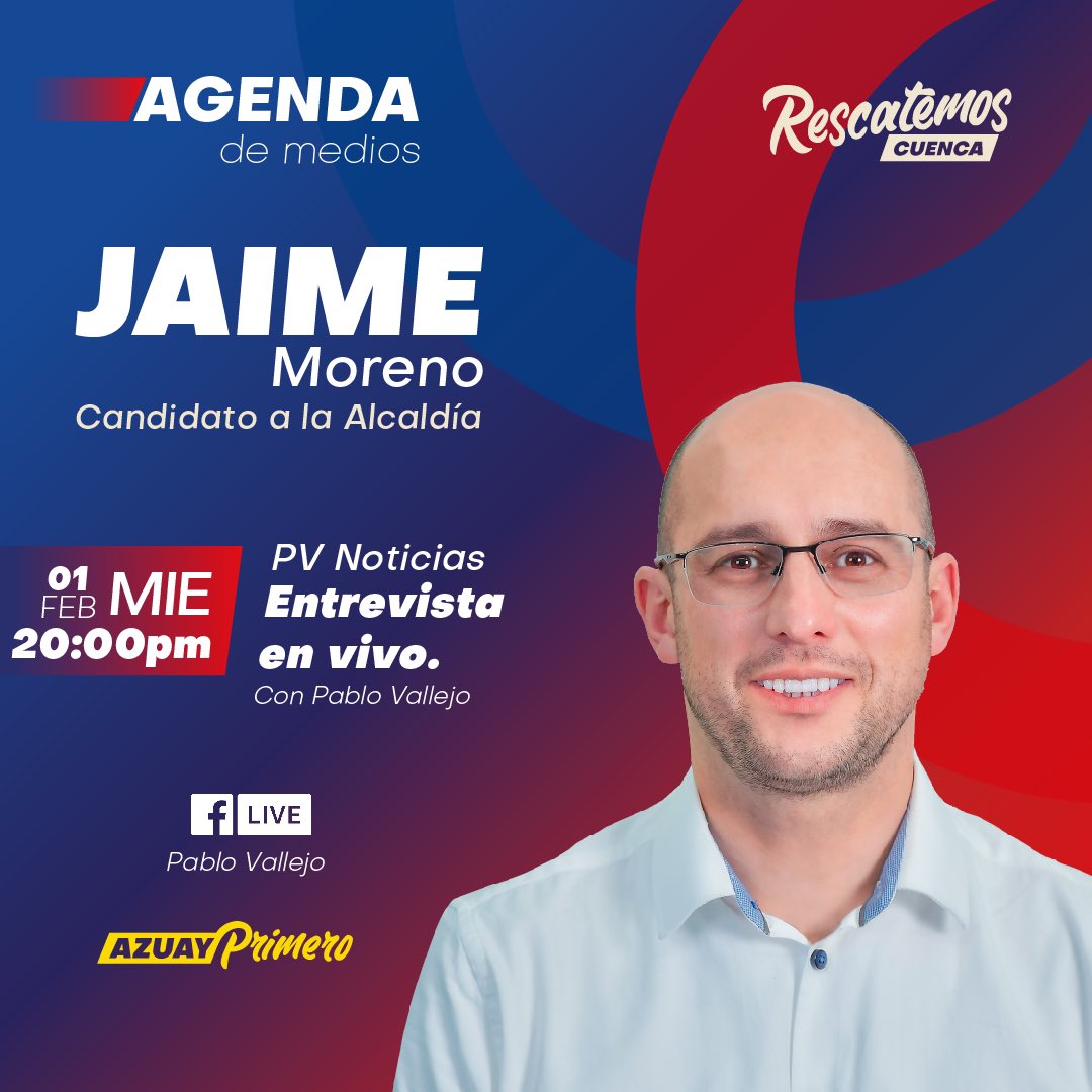 #Entrevista 

En pocos minutos a las 20h00, a través de PV Noticias Pablo Vallejo facebook.com/PabloVallejoMe…. 

#jaimemorenoalcalde #RescatemosCuenca #JaimeMoreno #alcaldedeverdad 

Vota todo 82-62 🔴🔵