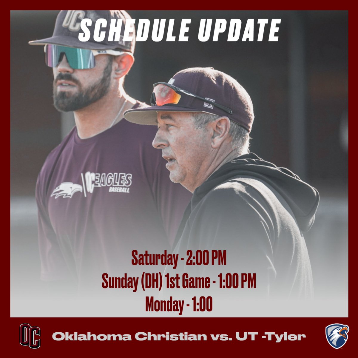 Gonna have to wait an extra day for the Eagles season opener!  

Here are the new days &amp; times for this weekend's home series against UT-Tyler at Dobson Field!  

#TalonsUp