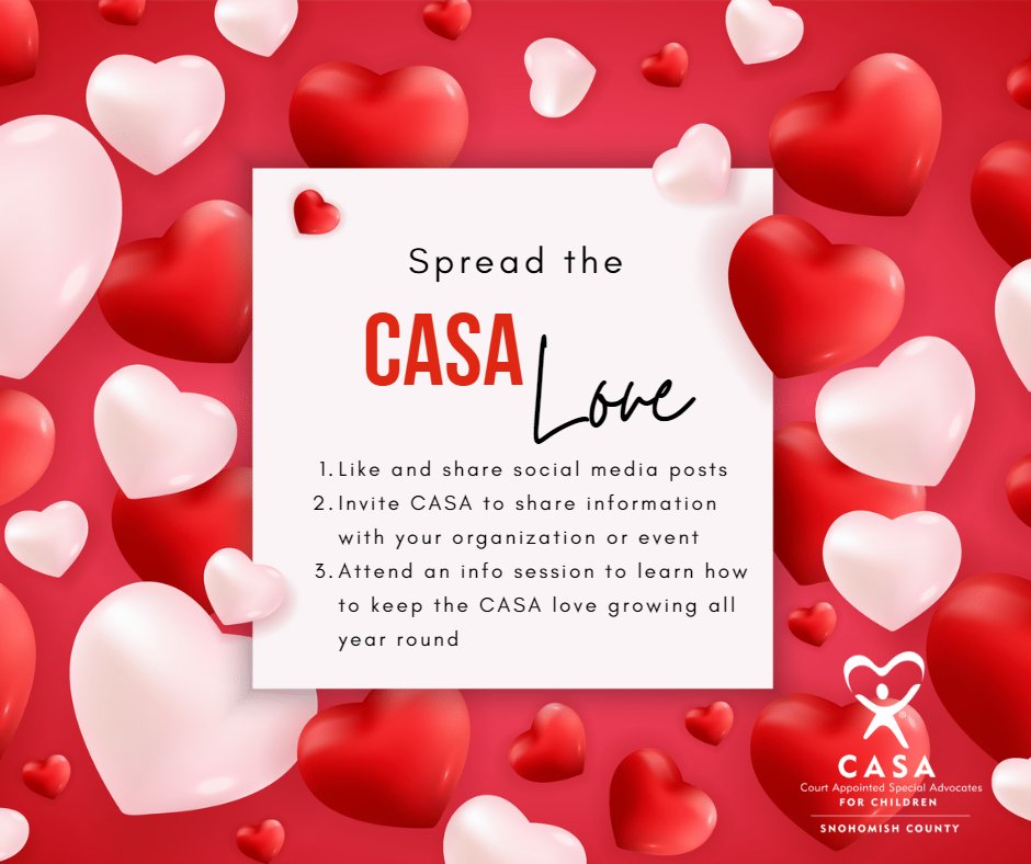 SnohomishCASA's tweet photo. You don't need to wait for Valentine's Day to spread the CASA Love!

https://t.co/wGgUemncHo

#volunteers #volunteering #FosterCare #love #ValentinesDay #ValentinesDay2023 https://t.co/iEQSceGoUw