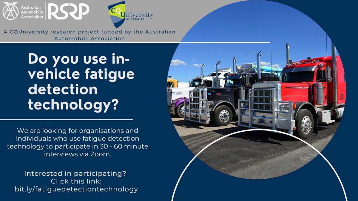 AAA is funding a CQUniversity study on fatigue detection technology. 
We are looking for organisations and individuals who currently use this technology to participate in a short interview. 
Please click the link if you or your organisation are interested: bit.ly/fatiguedetecti…