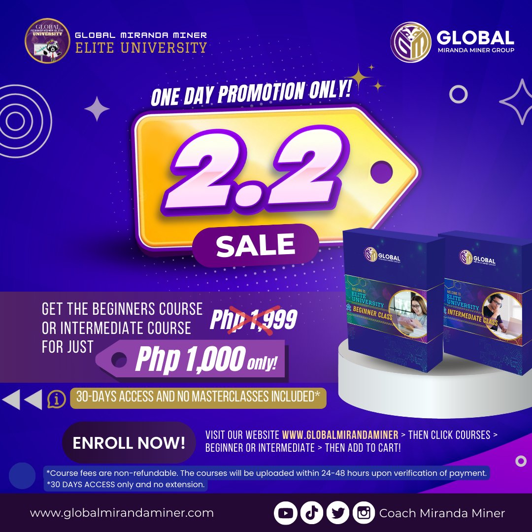 gmmg_official's tweet photo. 🚨 [BIG SAVINGS AHEAD! PLEASE READ!] ONE-DAY PROMOTION ONLY! 

✔️ Your course will start after the payment is verified, so always check your dashboard.
✔️Duration: 30 DAYS LMS Modules access.

#GMMG #EliteUniversity #BeginnerClass #IntermediateClass #cryptoeducation https://t.co/M0W40SXB86