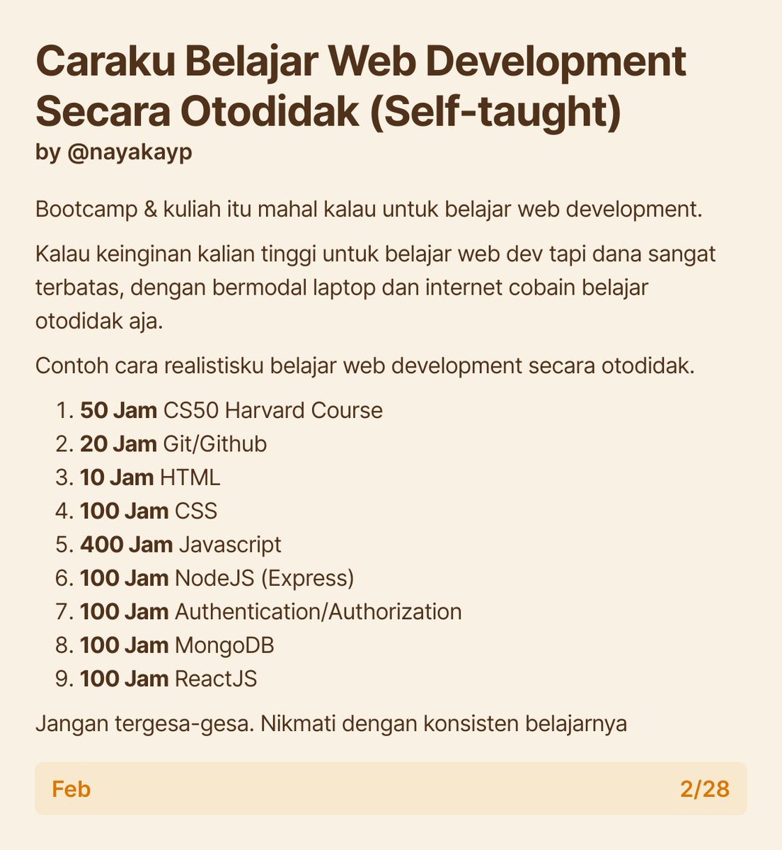 nayakayp's tweet image. Cukup 1000 Jam.
Caraku Belajar Web Dev Secara Otodidak