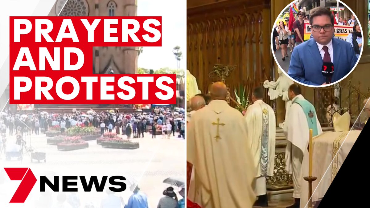 7NewsSydney's tweet photo. There are prayers and protests in Sydney as Cardinal George Pell is farewelled at St Mary's Cathedral. While mourners have come to pay their respects, protesters have also gathered nearby. https://t.co/6xwoIoLMmq #GeorgePell #7NEWS https://t.co/9V0Uv7flQ7