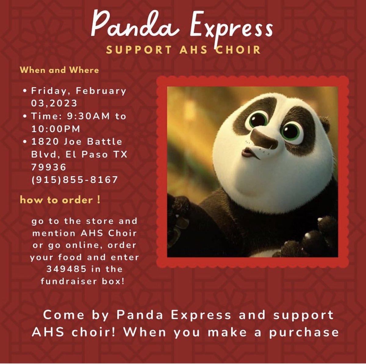 Support the Americas HS Blazer Choir this Friday by going to Panda Express! Enjoy dinner and a show with our singers serenading in the dining area starting at 5:30pm 🎶🎤 <a href="/Americas_HS/">Nancy Torres</a> <a href="/lvarela_AHS/">Lorraine Varela</a> <a href="/SISD_FineArts/">SISD Fine Arts</a>