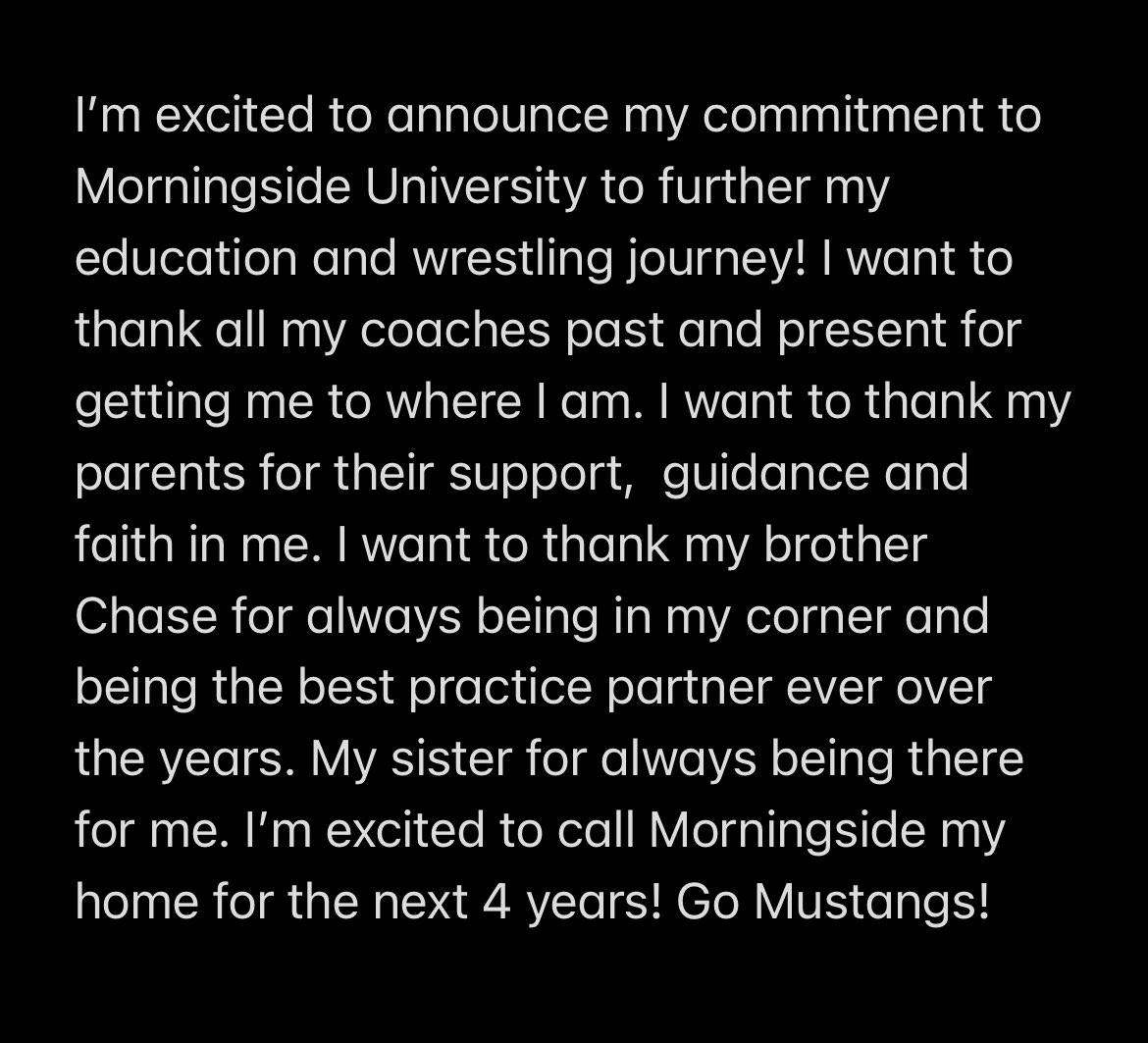 I am proud to announce my commitment to continue my wrestling career at Morningside University! #Rollstangs @msidewrestling @BEAwrestling @NEBwrestle