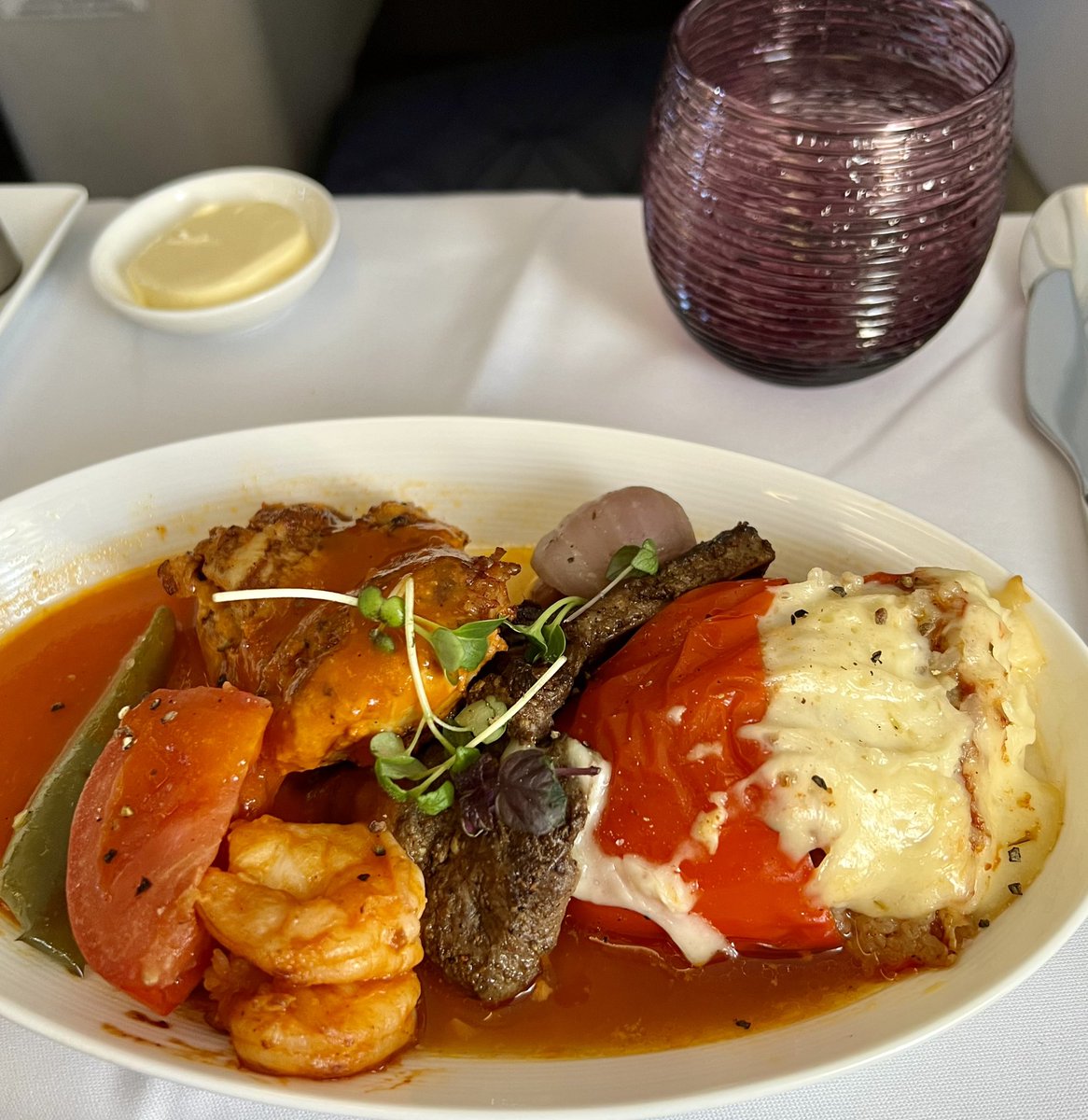 @qatarairways Taking Off 🛫 
A glass of Bubbles / Scallops / A Mixed Grill on Air 🥰
#SuperbCuisineAsAlways 
#HeadingHome🇱🇰
