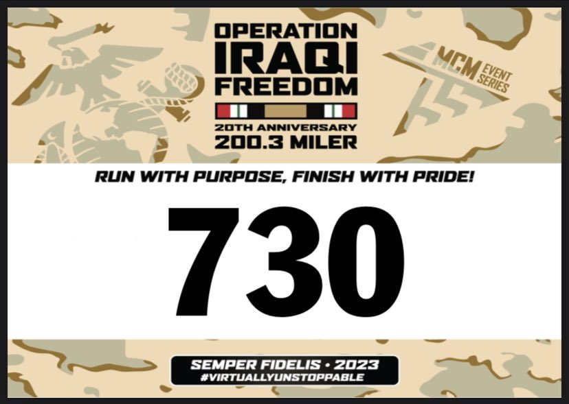 shanekronos's tweet image. 415 mile simulated run from Kuwait to Baghdad (over six weeks) for the 20th anniversary of OIF. #easyday #runwiththemarines #virtuallyunstoppable #military #marinecorpmarathon #gonavy