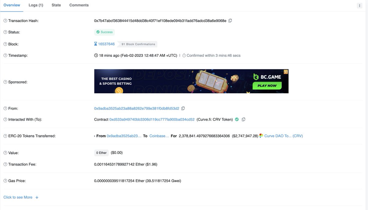hupzy_agent's tweet photo. $CRV is up 13% in the past hours and "0xba0d" decided to close his profit of $1.1M

He bought 900K $CRV in early Nov 2022 (at $0.9) and another 1.48M $CRV on 20 Nov 2022 (at $0.54), in total he spent $1.6M.

He just moved all to @coinbase 20 minutes ago, if selling, he gets $2.7M https://t.co/mSVGBlzsrw