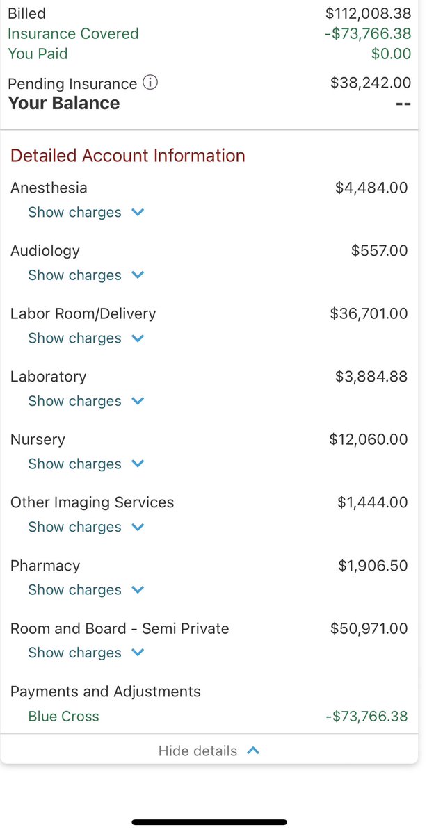 arkaprava08's tweet photo. @POTUS This is what we were charged for vaginal delivery + 2 days in Stanford hospital: 112k. Healthcare system is full of junk fees capable of crippling anyone https://t.co/ISSr32Par6