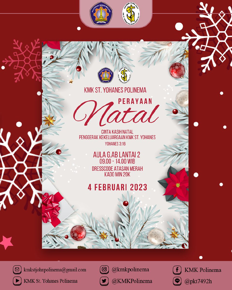 [🎄KMK ST. YOHANES CHRISTMAS CELEBRATION 🎄]

KMK St. Yohanes Polinema akan merayakan sukacita Natal bersama pada :

🗓 : Sabtu, 4 Februari 2023
⏰ : 09:00 - 14.00
📍 : Aula Gedung AB Lt.2 Polinema

Jangan sampai kelewatan, yaa!
.
KMK??? KASIH!!!
.
.
.
#KMK #KMKPolinema #kmkkasih