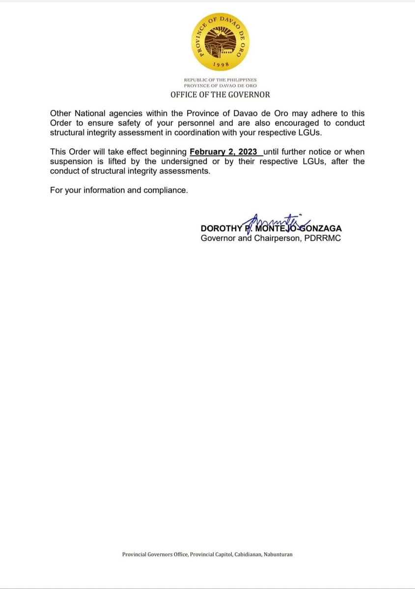 News5PH's tweet photo. Suspendido ang klase sa lahat ng antas sa pampubliko at pribadong paaralan, pati na ang pasok sa mga tanggapan ng gobyerno sa Davao de Oro ngayong araw, February 2, dahil sa magnitude 6.0 na lindol na tumama sa probinsya kagabi. #News5 #WalangPasok

📸: Davao de Oro PIO https://t.co/iJugQi3P6H