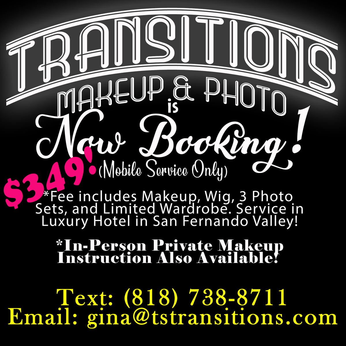 TransitionsMP's tweet image. Now taking appts for pvt makeup lessons and LIMITED photo shoots! Svcs done in luxury hotels in the San Fernando Valley, daytime avail only. Must be prepaid in full prior to appt. Ltd wardrobe and wig availability. #transgendermakeup #mtftrans #makeuplessons #transfeminine