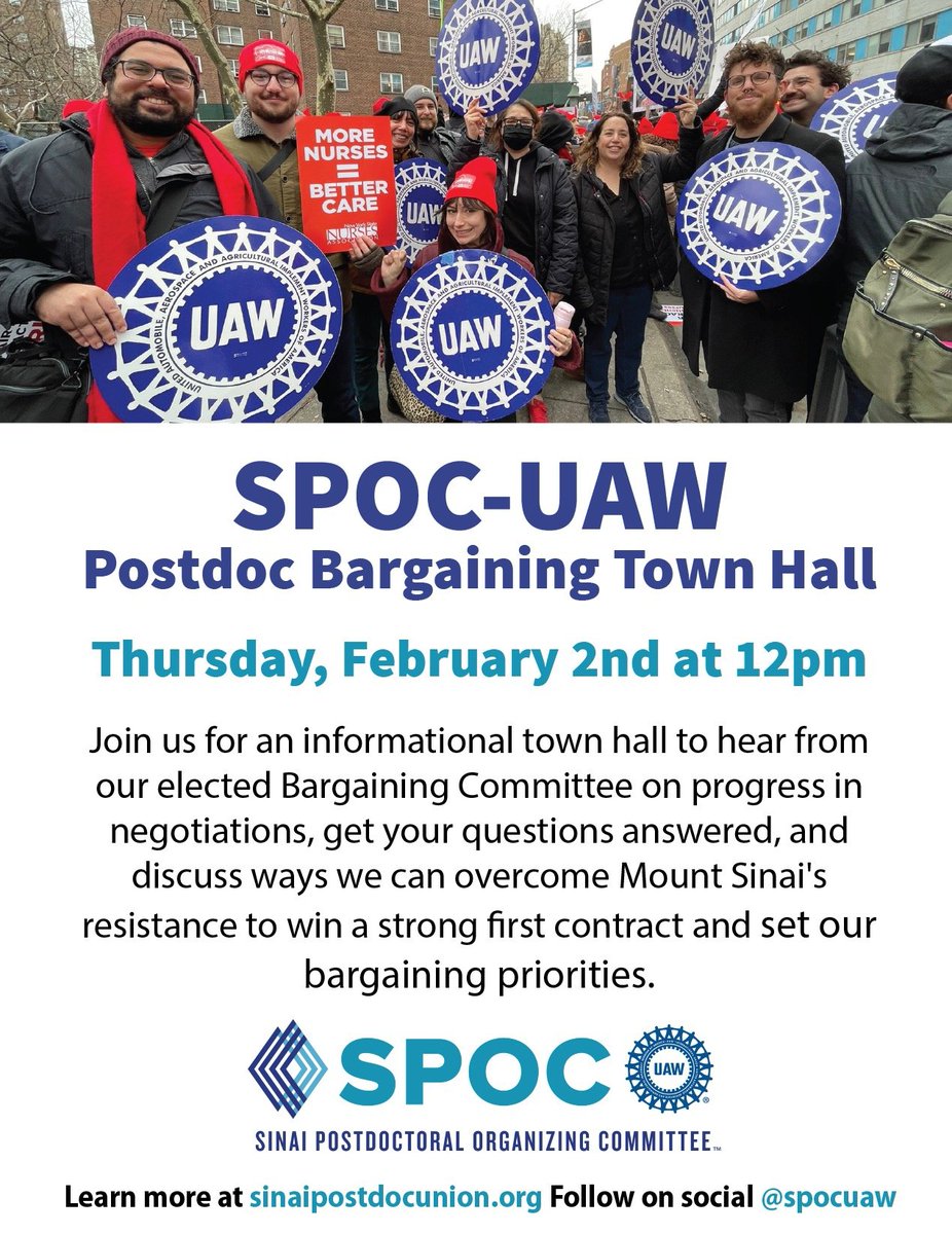 spocuaw's tweet photo. 📣📣 Sinai postdocs: join us for a Town Hall tomorrow @ 12 pm for a #BargainingUpdate and a discussion on ways to overcome @IcahnMountSinai's resistance to agreeing to basic rights in our contract!
Psst: There WILL be 🍕! 

 RSVP: https://t.co/DNa7TjJNoS https://t.co/t2bU1S2wOM