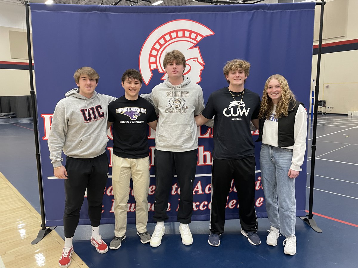Congrats to these Spartans! #NationalSigningDay2023 
Presley Wachowiak, Baseball, UIC
Hayden Fry, Bass Fishing, McKendree University
Nollenn Tabaska, Football, Army
Luke Heinkel, Baseball, Concordia
Bella Frohwirth, Softball, North Park University