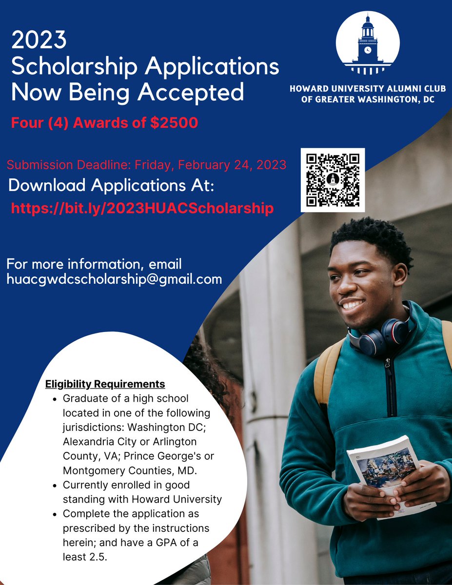Applications for the 2023 Howard University Alumni Club (HUAC) of Greater Washington DC Scholarship are NOW AVAILABLE. Download Application at bit.ly/2023HUACSchola… or use the QR Code in the flyer.  #HUAC-GWDCScholarship