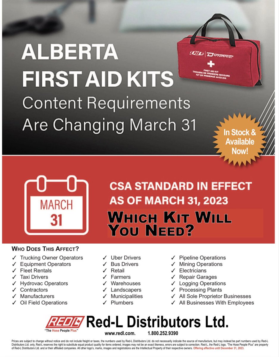 redldistributor's tweet photo. Did you know that the requirements for Alberta First-Aid Kits are changing on March 31st? Visit a Red-L branch or call our sales team to place your order. 

#Alberta #FirstAidKits https://t.co/N1Cdcnbx3I