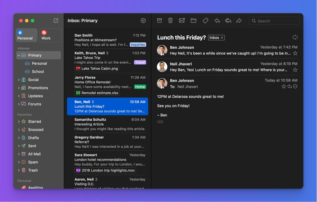 brianleejackson's tweet photo. A shout-out to @neil_jhaveri. There was a small bug with labels in today's update. He got a patch out within 40 minutes of reporting the issue! 🤘

One of my favorite #Mac apps. 🥰 https://t.co/Bm2LHqYXLG 

#gmailalternative @mimestream https://t.co/bIDeGvQP4l