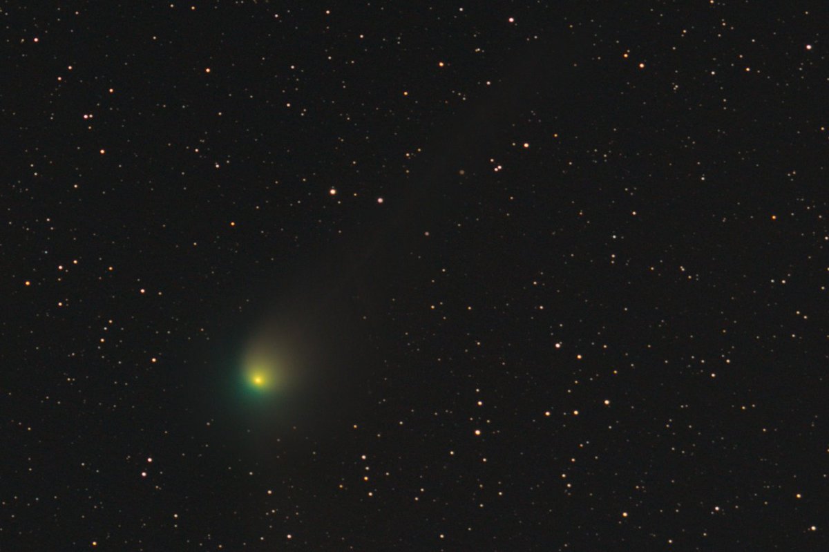 LateNightAstro's tweet photo. I was able to capture Comet ZTF from my backyard this past Friday. It was a blurry smudge through the telescope but the green core and faint tail came out nicely in this long exposure image! @WDBJ7Weather @wattsupbrent #CometZTF #Astrophotography https://t.co/jwBehmhUDK