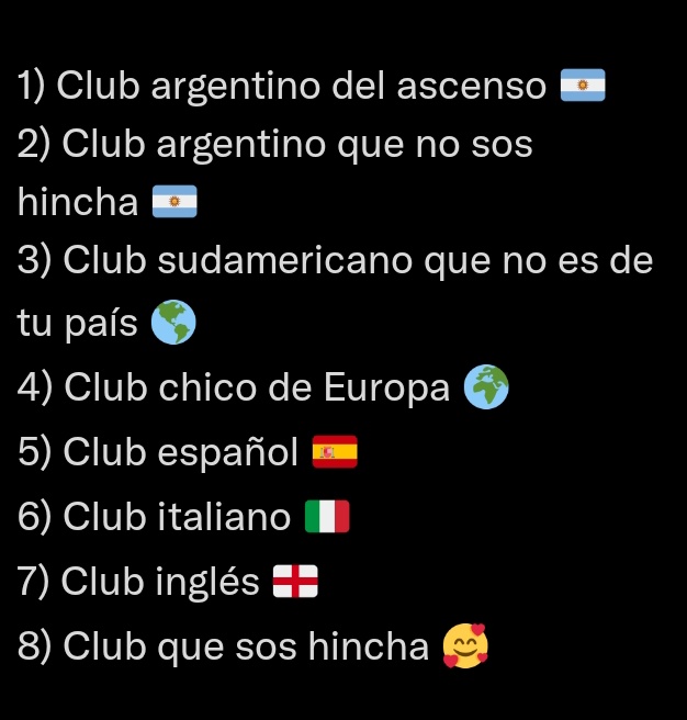 1) Ferrocarril Oeste 🇦🇷
2) Defensa y Justicia 🇦🇷
3) Grêmio 🇧🇷
4) Toulouse 🇨🇵
5) Getafe 🇪🇦
6) Palermo 🇮🇹
7) Liverpool 🏴󠁧󠁢󠁥󠁮󠁧󠁿
8) CLUB NACIONAL DE FOOTBALL 🇺🇾😍 