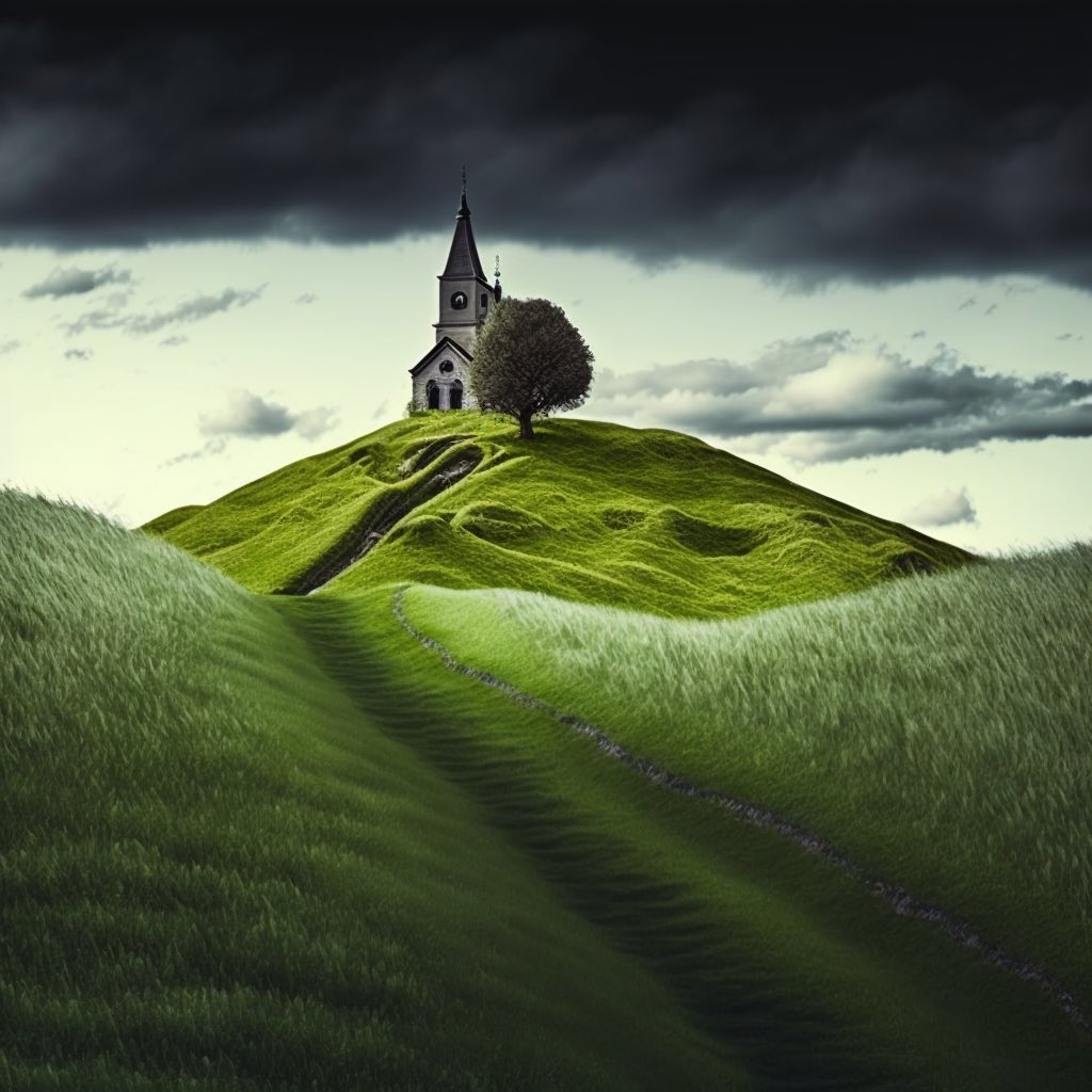 TheCCraniums's tweet image. The Celestial Craniums Creativity Challenge Prompt #32: Church on a Hill #celestialcraniumscc #creativitychallenge #communitybuilding #art #aiart #hill #church