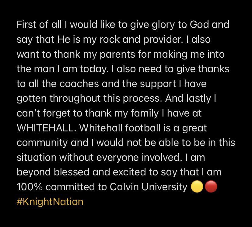 NapierWinton's tweet photo. I am extremely blessed to be apart of the first class at Calvin University. Excited to get to work. 100% COMMITTED. @CoachTrentFigg #Firstclass #KnightNation #Committed https://t.co/gIzDJitK7I