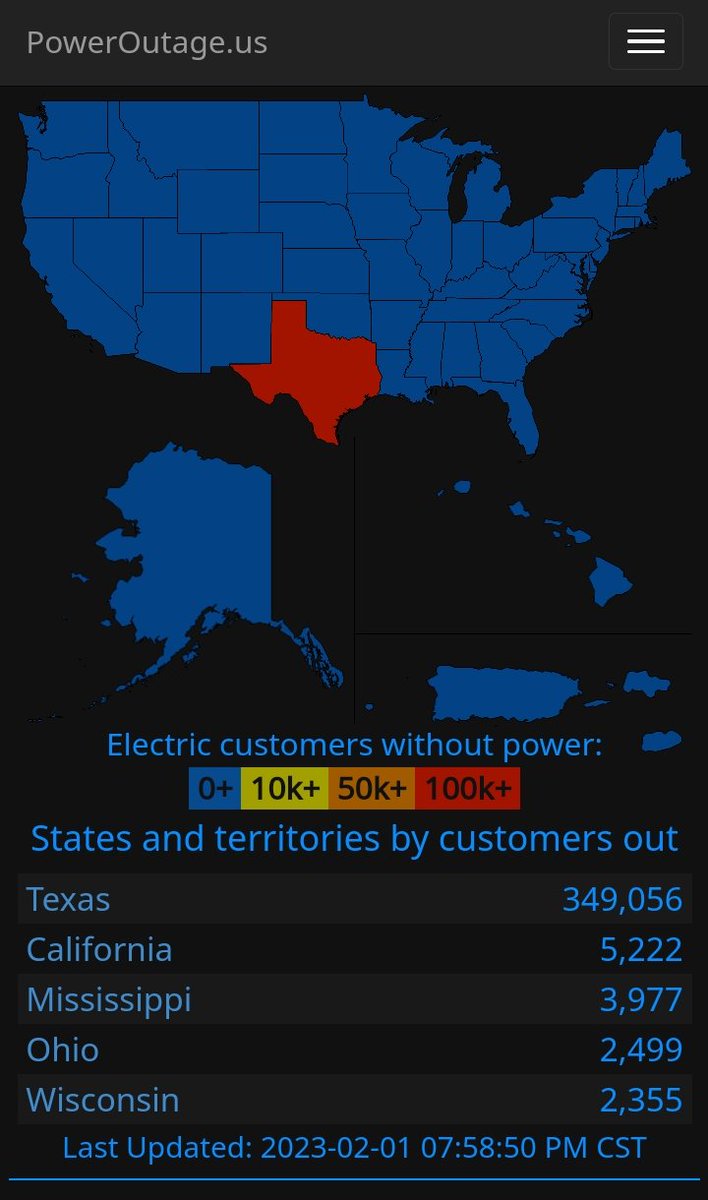 TodayorTamara's tweet image. #Poweroutage as of
2023-02-01 07:58:50 PM CST

#TexasPoweroutage #TexasPowerGrid

poweroutage.us/area/state/tex…