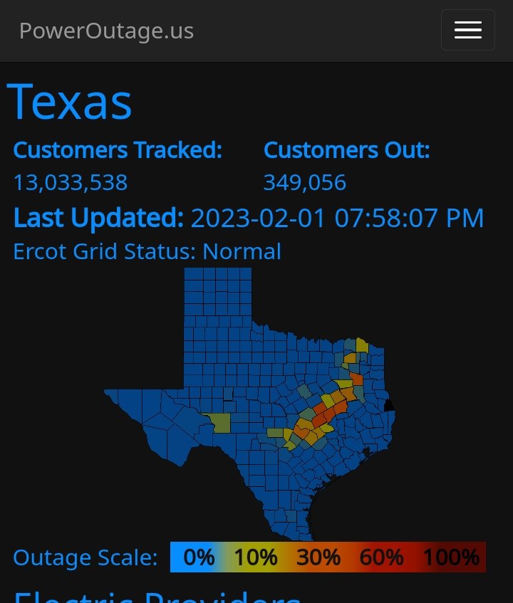 TodayorTamara's tweet image. #Poweroutage as of
2023-02-01 07:58:50 PM CST

#TexasPoweroutage #TexasPowerGrid

poweroutage.us/area/state/tex…