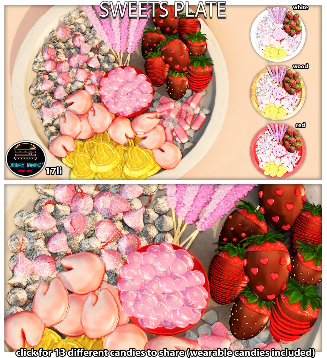 junkfoodsl's tweet photo. Sweets Plates (Red/Wood/White) click for 13 unique candies to share, wearable candies included. Plates are 17li, interactive for all avatars to click and share! Demo @ Cupid's Fault by Access! https://t.co/G4M3H0M3Ay #secondlife #secondlifestore #secondlifeshop #accesssl https://t.co/6naYD5qh54