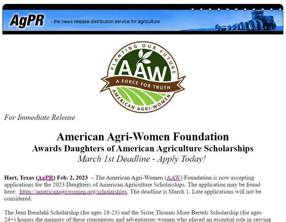 agnewscenter AgPR (@agnewscenter) on Twitter photo American Agri-Women Foundation 2023 Daughters of American Agriculture Scholarship - March 1st Deadline - Apply Today!
agnewscenter.com/archives.cfm?n…
#agriculture #Scholarships #AgEducation #farming #AgTwitter #agmedia <a href="/Women4Ag/">American Agri-Women</a> American Agri-Women Foundation 2023 Daughters of American Agriculture Scholarship - March 1st Deadline - Apply Today!
agnewscenter.com/archives.cfm?n…
#agriculture #Scholarships #AgEducation #farming #AgTwitter #agmedia <a href="/Women4Ag/">American Agri-Women</a>