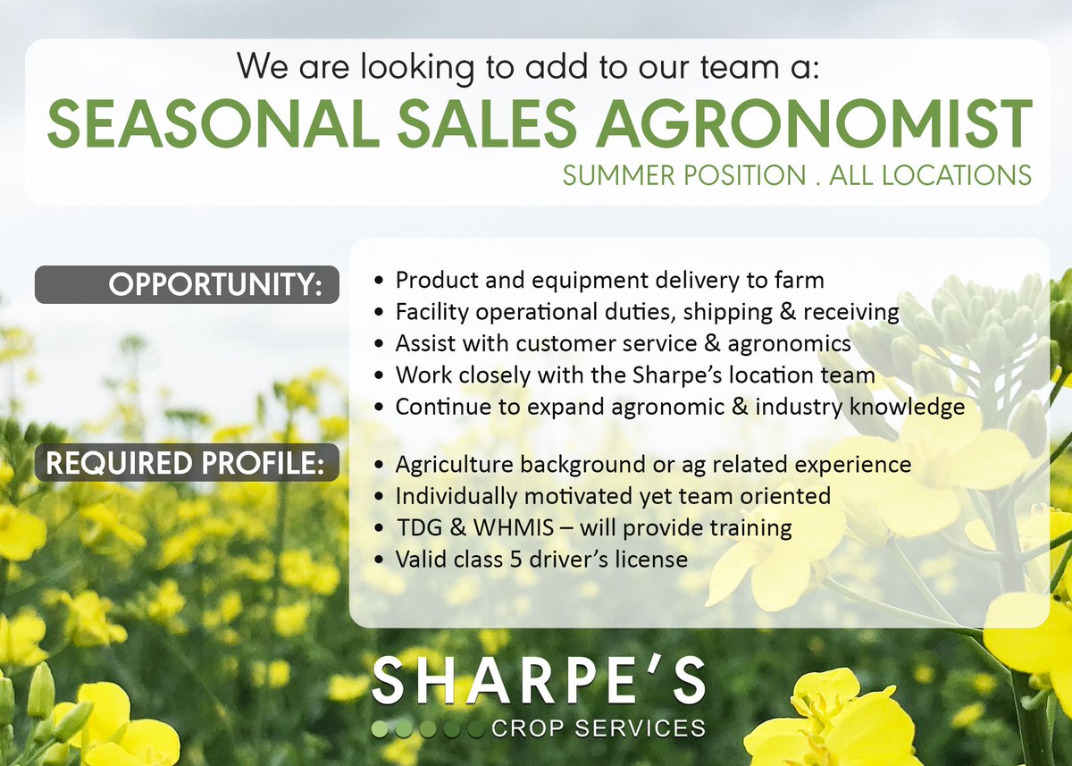 We are on the lookout for summer Sales Agronomists and Operations help in all our locations. If you like a challenge, learning many new things, and have ALOT of fun then we want to talk to you! #igrewmymind