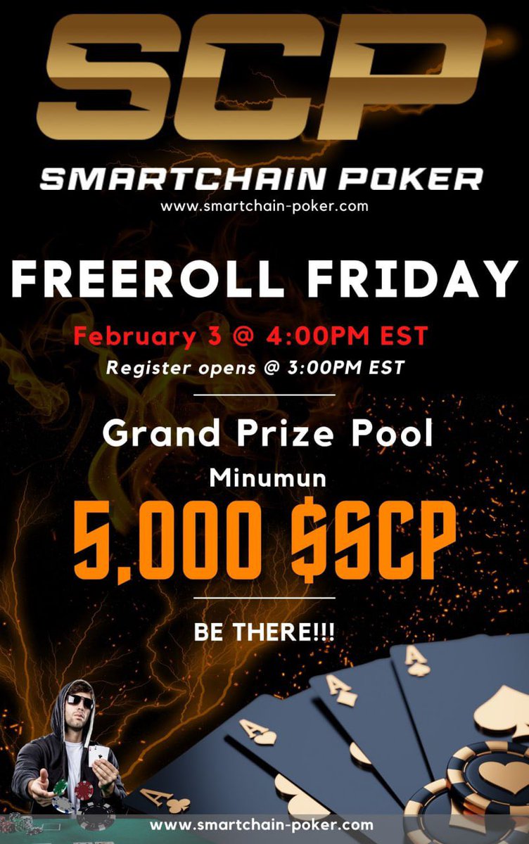 SmartchainPoker's tweet photo. Do you have what it takes to be our next $SCP Champion? 🏆

📣 Join the FREEROLL FRIDAY TOURNAMENT ♣️♦️

🏃‍♂️Be prepared for the game and create your poker account NOW!
FREE CHANCE TO WIN CRYPTO ! 🤑 
✅ NO DOWNLOADS OR VERIFICATION NEEDED! https://t.co/QpIyQG2WNz