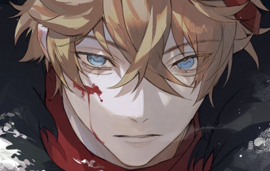 tartaglia (genshin impact) 1boy male focus blood on face solo blue eyes blood hair between eyes  illustration images