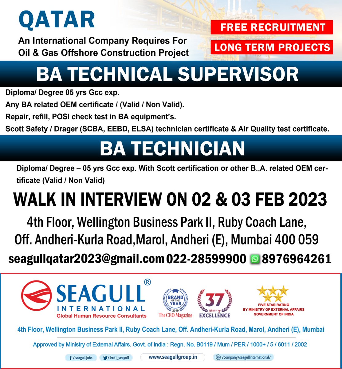 Seagull International on Twitter "QATAR Jobs. LONG TERM Project. FREE RECRUITMENT. WALK IN