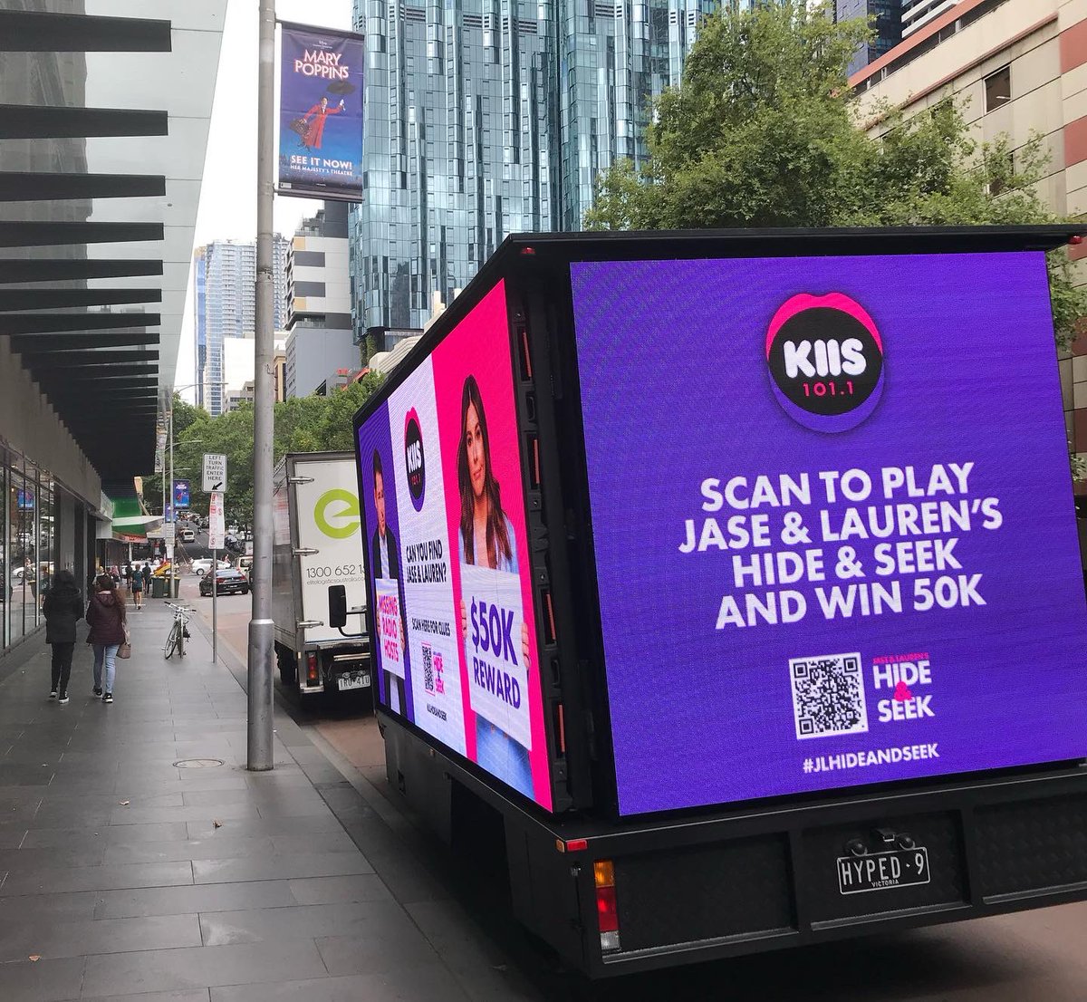 HypedMedia's tweet photo. Can you find the missing radio hosts and win $50k?! Jase & Lauren are hiding out in a Melbourne somewhere๐คท๐ผโโ๏ธ Spot our truck, scan the QR code and get some clues to track them down๐
#melbourne #Jaseandlauren #kiisfm #kiis1011 #hypedmedia #hideandseek #win50k https://t.co/Fyj8bLOIaK